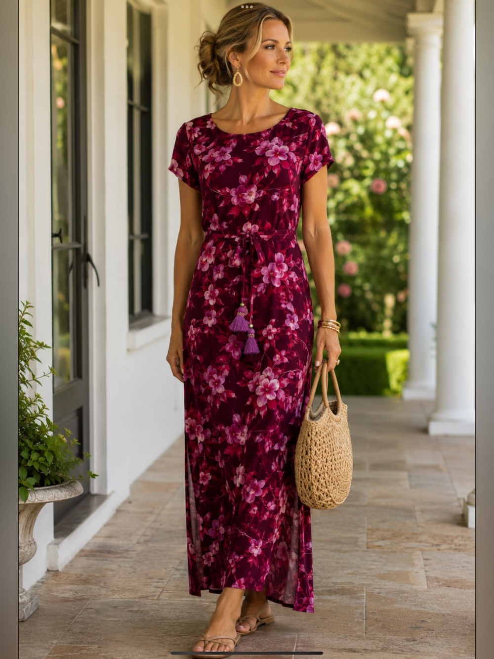J.Jill Floral Print Cap Sleeve Knit Maxi Dress with Side Slits Size L
Comfort